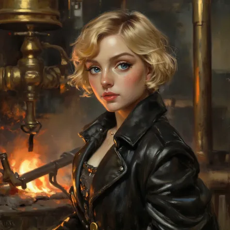 a small cute woman, steampunk, delicate but strong, ((blue eyes)), ((short blonde hair)), (((olive skin))), ((traveler)), ((ry)), ((leather coat)), 1girl, fantasy, intricate details, high quality, 8k, masterpiece, (realistic, photorealistic, photo-realisti...