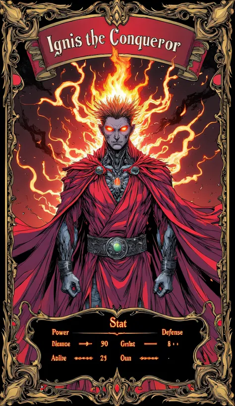 Ignis the Conqueror, the Red Fire Sorcerer, is a towering figure draped in flowing crimson robes that ripple like liquid fire. His eyes blaze with an unyielding orange glow, and his hands crackle with swirling flames ready to unleash destruction. A jagged ...