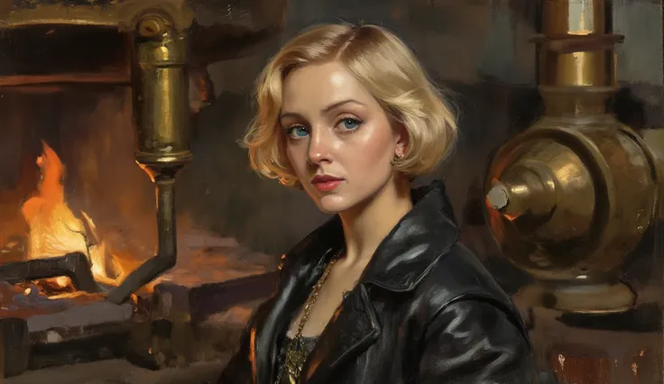 landscape painting of a small cute woman, rule of thirds composition, steampunk, delicate but strong, ((blue eyes)), ((short blonde hair)), (((olive skin))), ((traveler)), ((ry)), ((leather coat)), 1girl, fantasy, intricate details, high quality, 8k, maste...