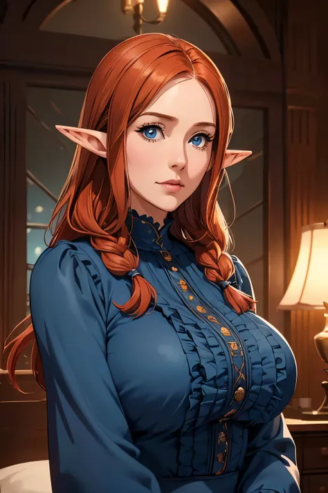 Handsome farmer with braids . (( Redheaded Woman, mature adult woman , mature MILF's face , long hair , pointy ears , elf ear)), Perfectly round face . cute and charming fa...
