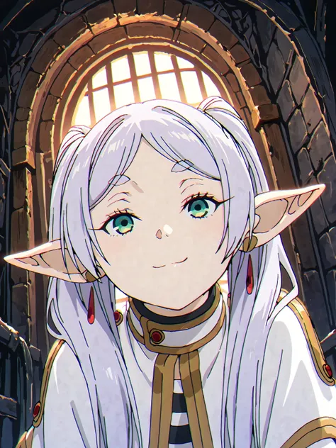 1girl, solo, frieren, elf, beautiful woman, petite woman, green eyes, highly detailed eyes, expressive eyes, natural eye shape, iris with visible details, anatomically correct, super detailed, high details, intricate details, accurate, dynamic angle, dynam...