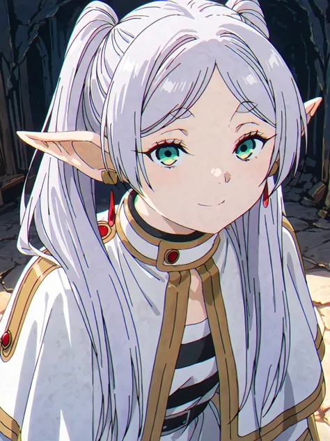 1girl, solo, frieren, elf, beautiful woman, petite woman, green eyes, highly detailed eyes, expressive eyes, natural eye shape, iris with visible details, anatomically correct, super detailed, high details, intricate details, accurate, dynamic angle, dynam...