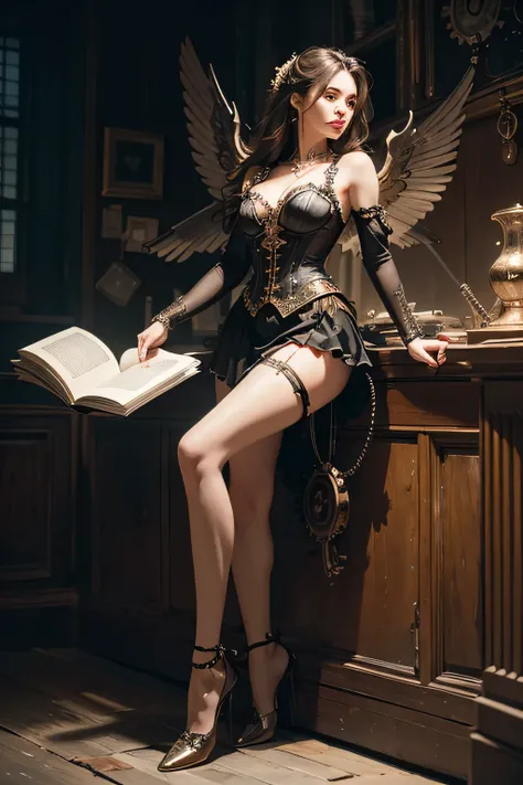(Best quality,4K,A high resolution,Masterpiece:1.2),Ultra-detailed,(Realistic:1.37) Girl with mechanical parts, fullbody view in image, reading one book, steampunk wind,Delicate clockwork details,Brass gears and gears,Beautiful and intricate design,(Mechan...
