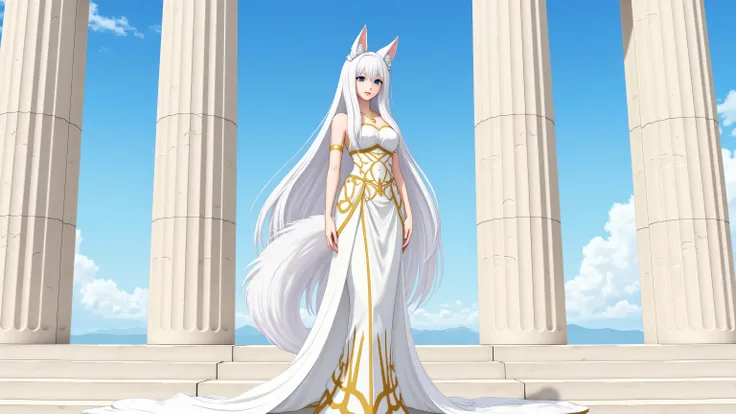 A tall anime-style girl with long white hair and canine ears, no human ears visible. She has a slender build and a fluffy, bushy tail that adds to her charming appearance. Her expression is gentle and serene, and her elegant posture exudes confidence. The ...