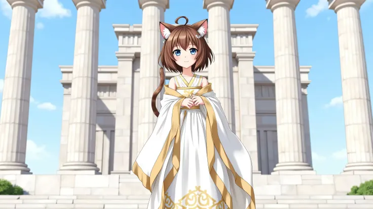 A petite anime-style girl with cat ears, featuring short, striped brown tabby-colored hair. She has distinct cat ears atop her head and does not have human ears. A fluffy cat tail gently sways behind her, complementing her playful and charming appearance. ...