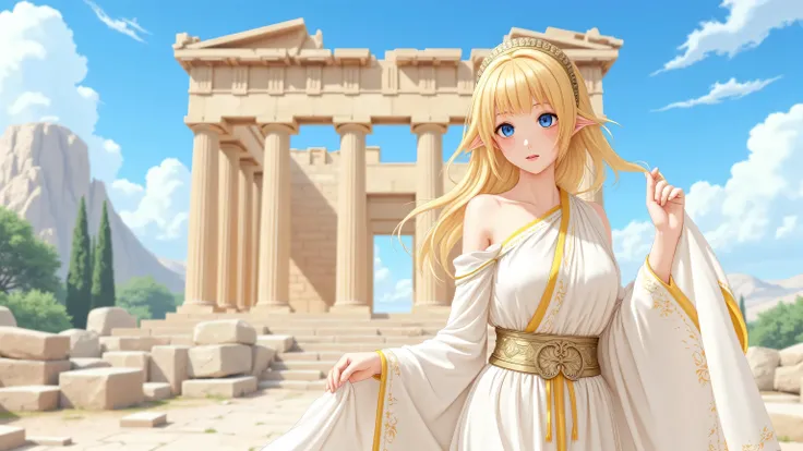 A 15-year-old anime-style girl with bright golden blonde hair and large, expressive eyes stands gracefully. Her youthful face displays an innocent and charming expression, complemented by soft features characteristic of anime art. Her golden hair shines so...