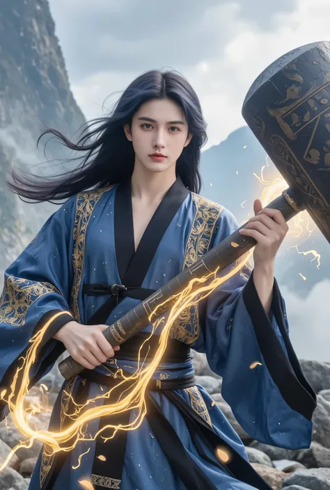 A young man with sharp, chiseled features and deep blue eyes radiating martial energy. His long, dark blue-black hair flows with the wind. He wears an elegant blue and black martial arts robe with intricate golden patterns, exuding both power and grace. In...