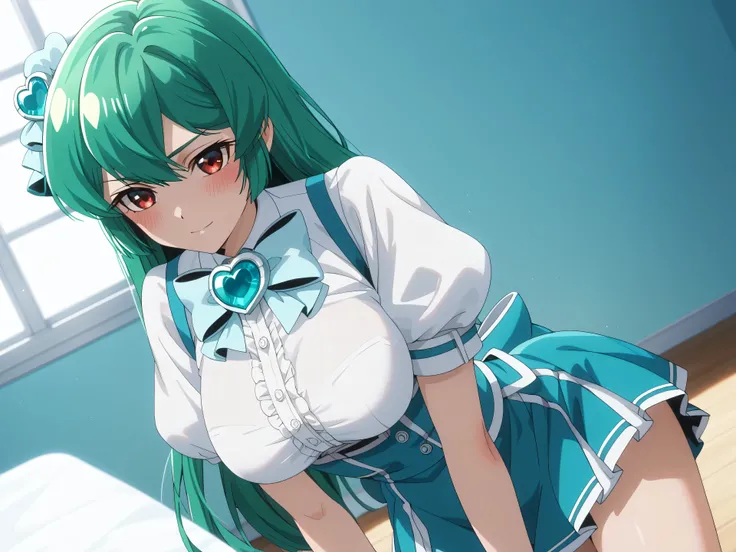 master piece、Best Quality,Super detailed,High resolution,Extremely detailed CG,Unity 8K Wallpaper,weat,score_9, score_8_up, score_7_up, score_6_up, score_5_up, score_4_up, source_anime, MinakamiSayo, 1girl, solo, breasts, Green Hair、Red eyes,shirt, large b...