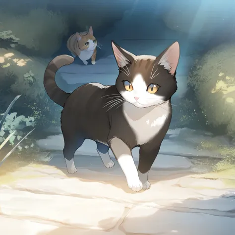 animal, cat, focus cat, outdoors, game CG, fantasy, japan, break,(artist:akinashi_yuu),artist:fujiyama,artist:artist:yuugen,break,break,(masterpiece), (best quality), (ultra-detailed),(Detailed Lighting), very aesthetic, newest,