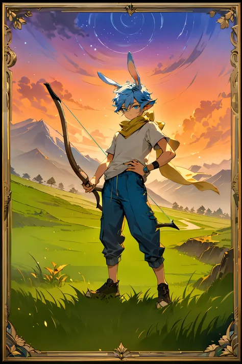 塔罗牌,类似扑克牌K,In the center of the picture is a boy with rabbit ears. A ten-year-old boy, rabbit elf race, all blue, sky blue rabbit ears, sky blue hair, standing on the grassland, holding a bow and arrow, posing for archery, jungle archer, gorgeous and detai...