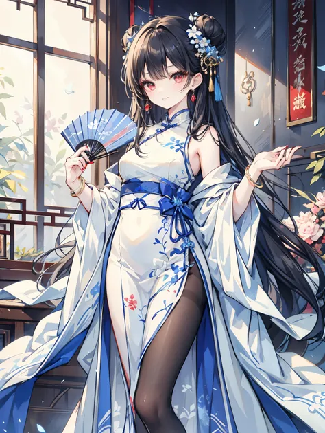 1 girl, (mature woman), [cool face, 30 years old, red eyes, flat chest, charming smile, blue and white porcelain Chinese clothing, blue and white Chinese clothing, blue and white Chinese cheongsam, blue and white floral print, standing, black hair, very lo...