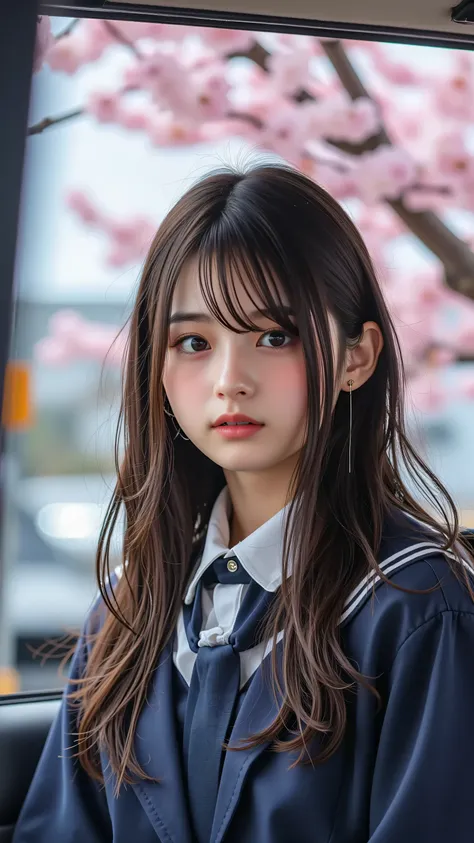 Generate an upper-body shot of a girl with long brown hair styled casually messy, wearing a school uniform consisting of a white shirt with wing collars, navy blue necktie, and dark jacket. She is seated inside a vehicle, but the background outside is fill...