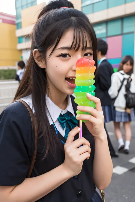 japanese school girl, eating giant long rainbow gummy worm,youtuber,tiktoker,school life,moan,open mouth