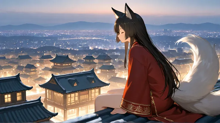 Masterpiece, Best Quality, Top Quality, Very Detailed, 1 girl, A beautiful nine-tailed fox girl with long flowing dark hair sits on a rooftop, overlooking a glowing cityscape at night. Snowflakes gently fall around her as she wraps herself in a warm red ro...