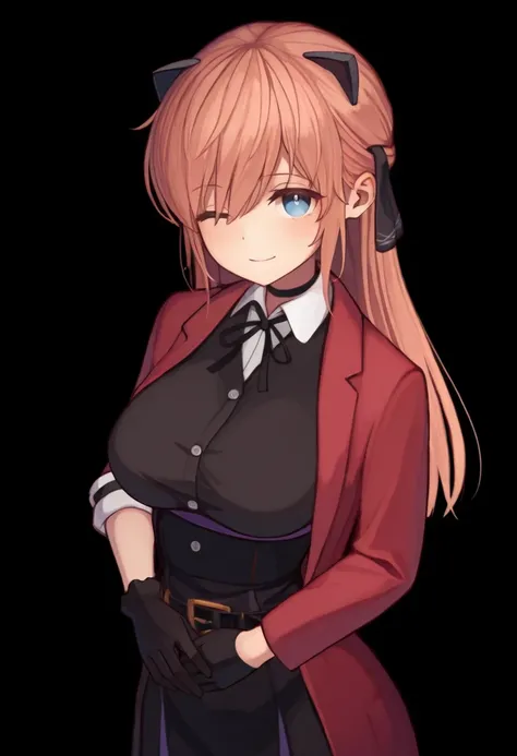 best quality,hyper-detailed,1girl,solo,Oblique view,eyes look at viewer,Vivi, beautiful face smile,medium breast,blue eyes,wink right,Uniformed,black glove,Body upright,standing,Folded hands,Transparent black background,
