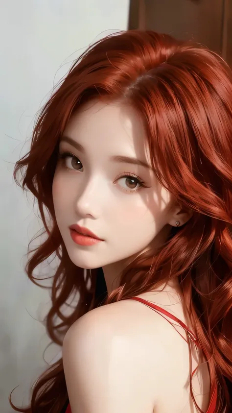 Generate a visually striking and hyper-realistic image of a beautiful girl with red curly hair. Highlight the natural beauty and uniqueness of her features. Optimize for detailed realism, vibrant colors, and captivating facial expressions. Pay special atte...