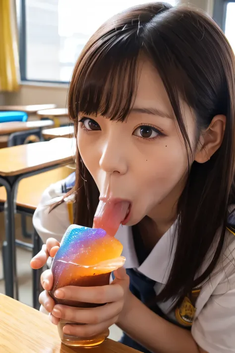 japanese school girl, eating giant long rainbow gummy worm,youtuber,tiktoker,school life,moan,open mouth, Vomiting,vacuum sucking,