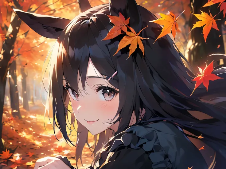(Solo: 1.5), (Young human girl: 1.5), (Cute horse ears: 1.9), (Horse tail: 1.9), (Round face: 1.9), (Big breasts), (Looking at camera), (Smiling sweetly: 1.5), (Hair blowing in the wind), (Black frilly long sleeve dress: 1.9), (Black pantyhose), (Blushing)...