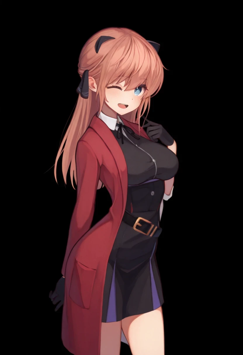 best quality,hyper-detailed,1girl,solo,Oblique view,eyes look at viewer,Vivi, beautiful face,open mouth happy,medium breast,blue eyes,wink right,Uniformed,black glove,Body upright,standing,Transparent black background,