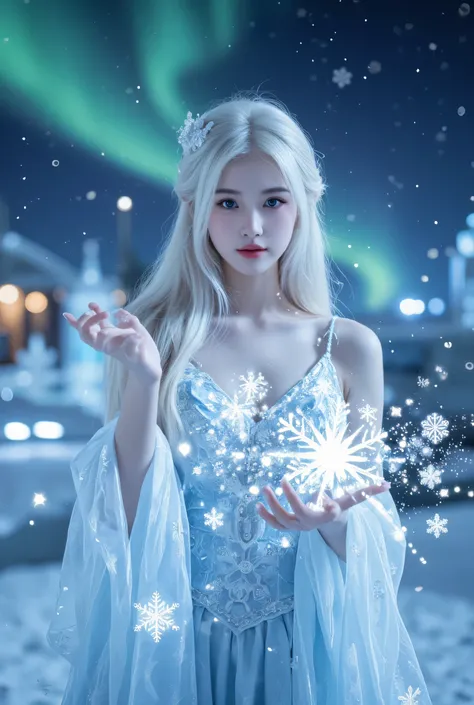 "A young woman with long, platinum blonde hair that glows like snow, her icy blue eyes deep and mesmerizing. She wears a translucent light blue gown adorned with intricate, shimmering snowflakes. Her sleeves are delicate and airy, like frost-kissed mist. S...