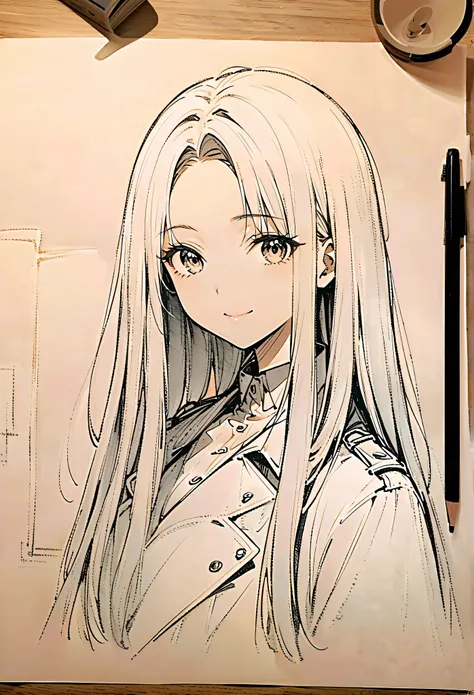 1 ,draw a line,monochrome,(sketch:1.5、template、pencil drawing:1.5、board:1.5),board,traditional media, upper body,search, Warm background ,(gothic style,Wear a large trench coat) , One、( One), beautiful portrait 、search、smile,long hair