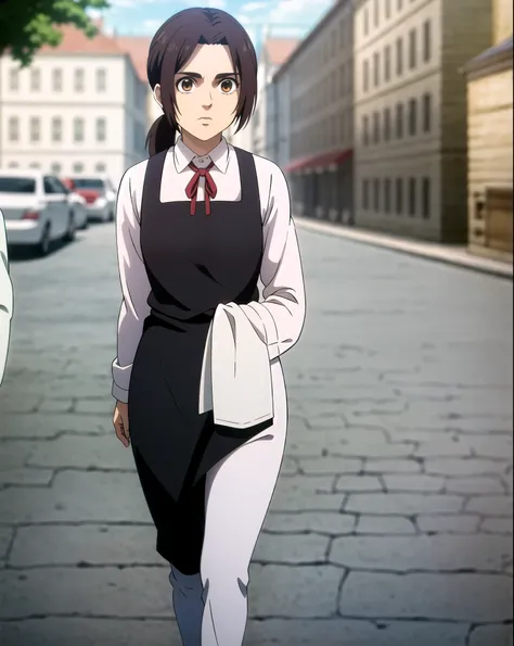 (cowboy shot), sfw,  (masterpiece), (best quality:1.0), (ultra highres:1.0), detailed eyes
BREAK
GabiAOT, looking at viewer, 1girl, brown eyes, low ponytail
black apron, white shirt, long sleeves, ribbon, red ribbon
BREAK
(busy street, people walking in ba...