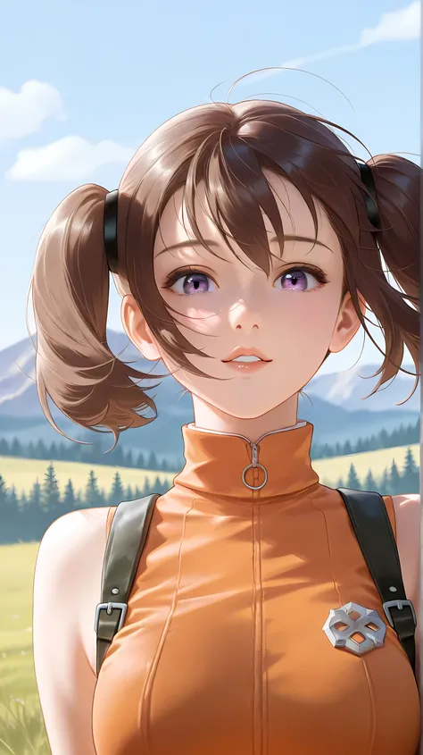 1 girl, Diane from The Seven Deadly Sins, brown hair, pigtails, amethyst eyes, alone, same orange outfit as the anime, masterpiece, best quality, very aesthetic, absurdres, masterpiece, exquisite quality, highest quality, masterpiece, highest quality, Beau...