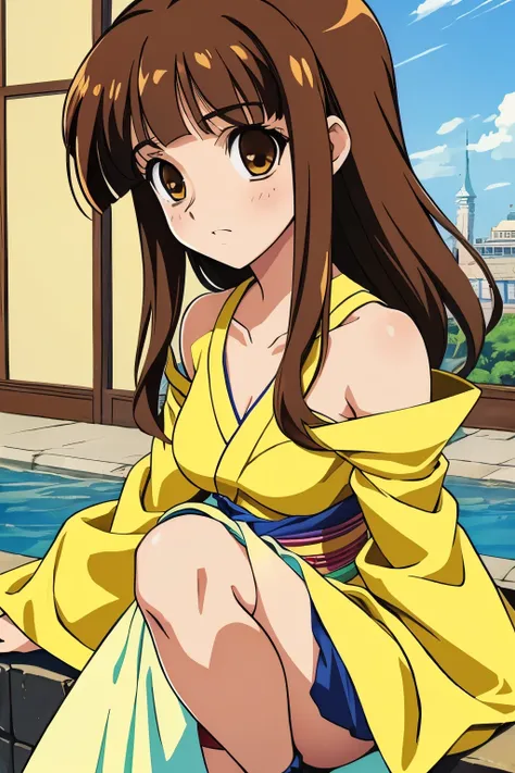 retro anime, 2000s anime, 2000s anime, early 2000's inspired anime, early 2000's esthetics, solo, 1girl, masterpiece, best quality, brown eyes, long brown hair, blunt bangs, brown eyes, steaming, (freckles:0.8), collarbone, exposed shoulders, small breasts...