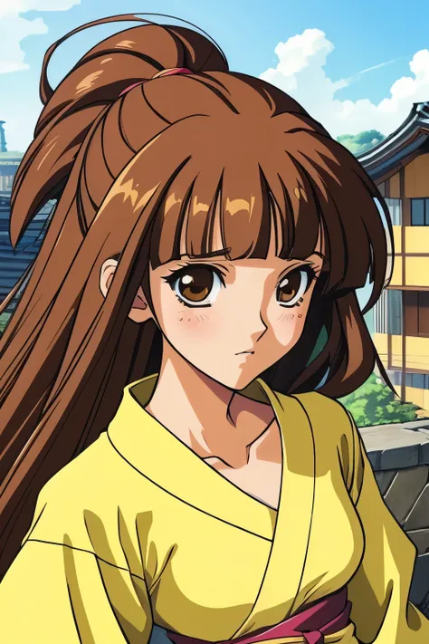 retro anime, 2000s anime, 2000s anime, early 2000's inspired anime, early 2000's esthetics, solo, 1girl, masterpiece, best quality, brown eyes, long brown hair, blunt bangs, brown eyes, steaming, (freckles:0.8), collarbone, exposed shoulders, small breasts...