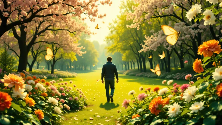 High quality, realistic photo. 4k image. Beautiful nature, spring, park. Butterflies are flying, flowers are blooming, In the distance a man
