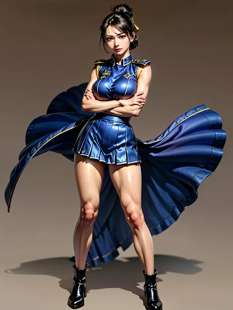 ((((A woman in a blue military uniform,military,pleated skirt,Miniskirt,simple background,confident expression, Arms crossed pose, standing with legs open)))),1 woman,3/4 shots,Highly Detailed Face and Skin Textures, perfect beauty : 1.4, fine grain,double...