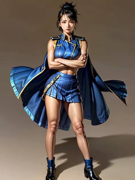 ((((A woman in a blue military uniform,military,pleated skirt,Miniskirt,simple background,confident expression, Arms crossed pose, standing with legs open)))),1 woman,3/4 shots,Highly Detailed Face and Skin Textures, perfect beauty : 1.4, fine grain,double...
