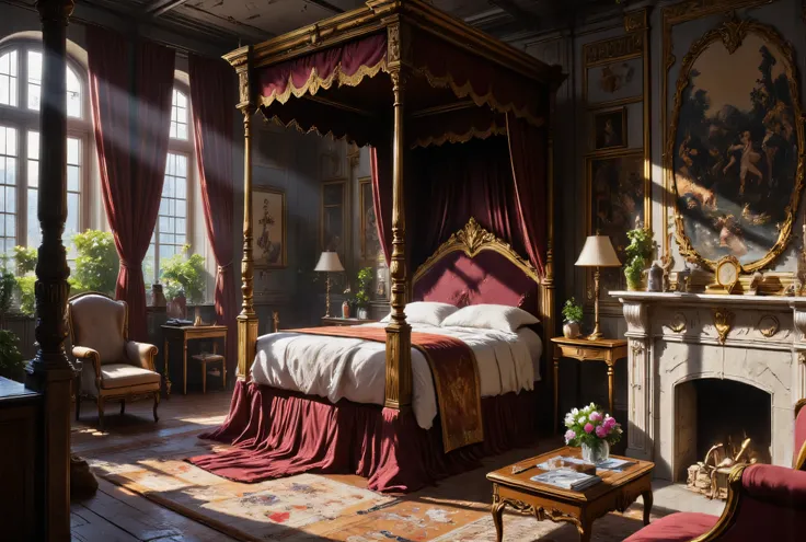 masterpiece, High Definition, Illustration, anime style, The Master Bedroom, overlooking the gardens It is a spacious room dominated by a massive four-poster bed draped in dark velvet and lace. Heavy, rich tapestries adorn the stone walls, depicting scene...