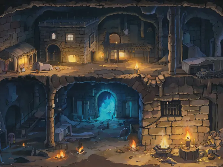 A vast underground city hidden beneath the desert sands, its stone structures eroded by time yet still standing defiantly against the darkness. Dim lanterns cast flickering golden light over narrow alleyways, revealing makeshift markets, ruined temples, a...