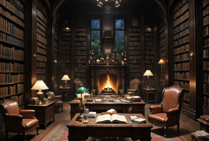 masterpiece, High Definition, Illustration, anime style, The Library is a haven of aged knowledge and hushed atmosphere. it boasts towering walls lined from floor to ceiling with dark wooden bookshelves, crammed with ancient-looking tomes and leather-bound...