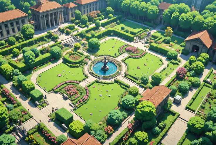 ((ground view)), masterpiece, High Definition, Illustration, anime style, The Gardens are a sprawling expanse of formal beauty slowly being reclaimed by nature's touch. A vast rose garden, though slightly overgrown, still bursts with fragrant blooms in sea...
