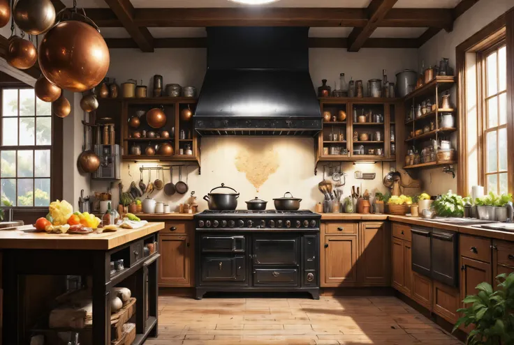 masterpiece, High Definition, Illustration, anime style, Kitchen, large, somewhat old-fashioned space, yet functional and filled with the promise of comforting aromas. It features a massive cast-iron range cooker, its black surface gleaming even when not ...