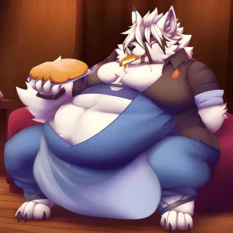 Von Lycaon (Zenless Zone Zero), male, wolf, solo, extremely fat, immobile, gigantic belly, eating, stuffed, straining clothes, butlers outfit, completely round body, big limbs, swollen cheeks