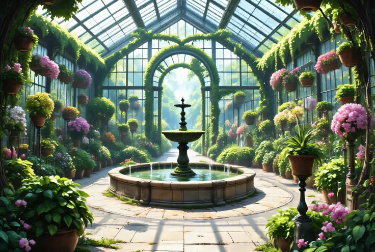 masterpiece, High Definition, Illustration, anime style, Greenhouse stands nestled within the gardens, a Victorian structure of glass and wrought iron gleaming softly amidst the foliage. Stepping inside, you're met by a wave of humid, warm air, thick with ...