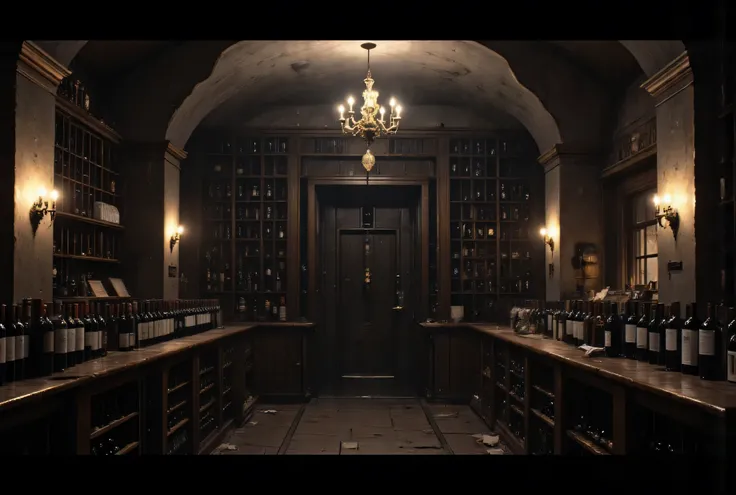 masterpiece, High Definition, Illustration, anime style, Wine Cellar, enveloped in cool, damp air, the scent of earthy stone and aged wine filling your nostrils. Rows upon rows of wine racks, carved from dark wood, stretch into the dimly lit space, holding...