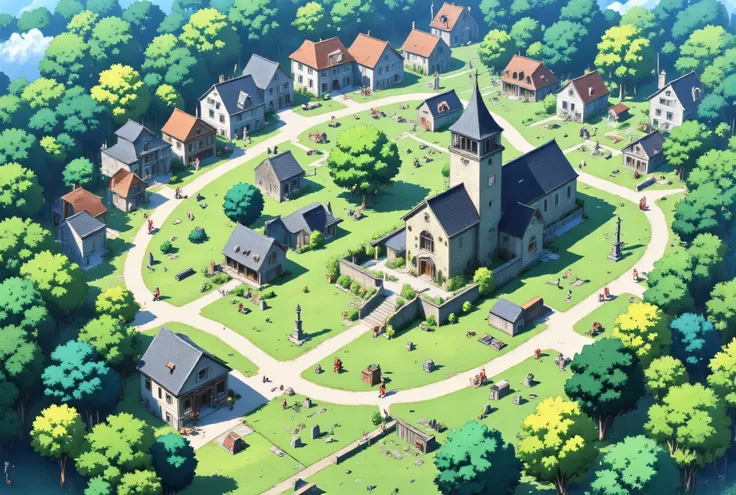 masterpiece, High Definition, Illustration, anime style, village, a small, quiet settlement nestled within the surrounding woods, old stone cottages, a centuries-old church with a moss-covered graveyard