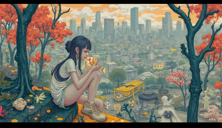 surreal fantasy, james jean style, a girl sitting in a stairs eating a burrito in a park, background a big city. soft colors: digital art, atmospheric, high detail, akihiko yoshida, craig mullins, Canon50, Close-up, natural lighting