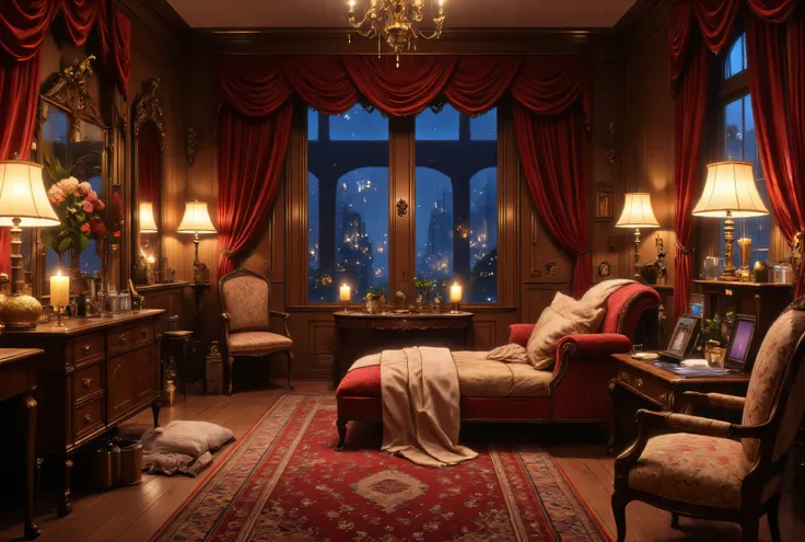 masterpiece, High Definition, Illustration, anime style, boudoir, a space created for sensual indulgence, a room of luxurious intimacy: plush velvet draped walls, low lighting, from scented candles and shaded lamps, rich oriental rugs upon polished wood fl...