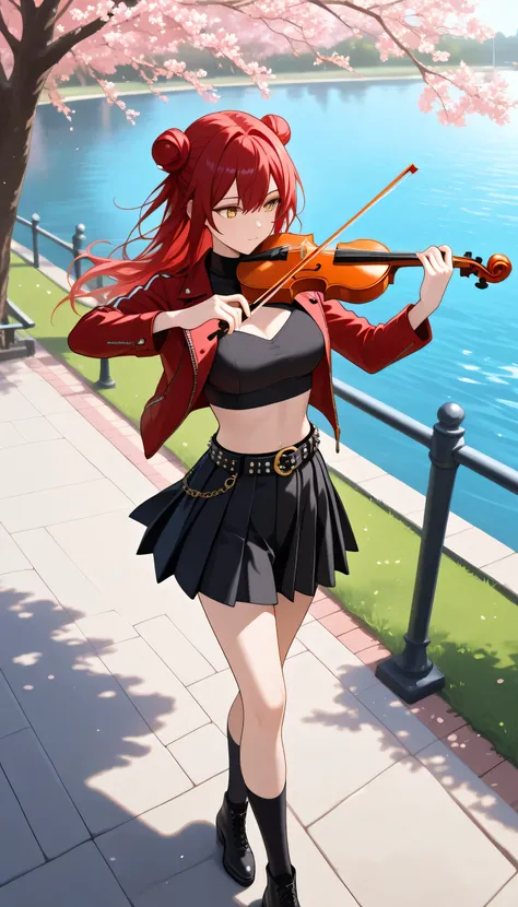 1girl , red hair , long hair , simple bun , side stripes , golden eyes , medium breasts ,
sexy, cute, handsome, , violin in hand, violin playing, rocking clothes, black crop top, red crop top jacket, rocking jacket, open jacket, black skirt, wide pleated s...