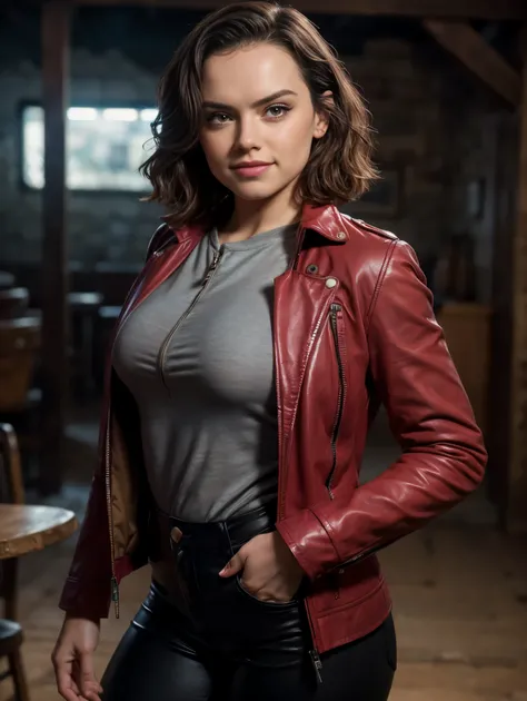 (Daisy Ridley, perfect eyes, brown eyes, realistic eyes, standing), (dim lighting, shadow, darkness, nighttime),(best quality, 4k, Altas, master part:1.2),(large breasts:1,perfect round butt),(wavy hair:1.1),ultra-detalhado, (slight smile),(red leather jac...