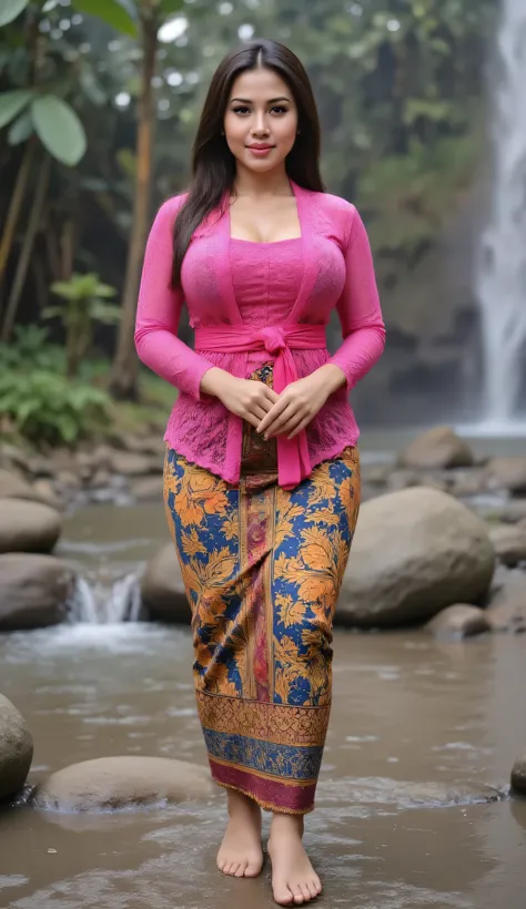 Realistic photo Of A chubby and fat indonesian woman,  visible to the feet , curvaceous body, using a magenta kebaya and a wet pink blue yellow batik sarong , face facing the camera.  Elegant elegant style elegant aesthetic . sexy butt, big ass and hips, G...