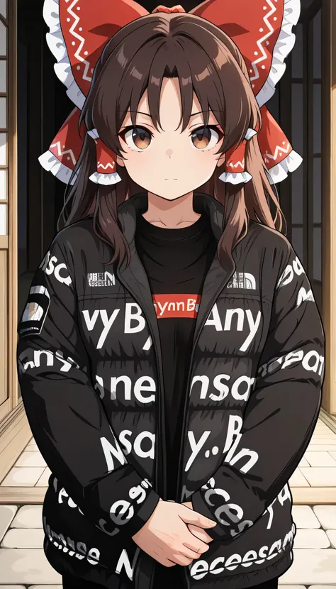 meme, , black jacket, black shirt, long sleeves, clothes writing, english text, logo, brand name imitation, straight-on, own hands together,hakurei reimu, 1girl, solo, brown eyes, brown hair, long hair, sidelocks, small breasts,
hair bow, hair tubes, huge ...