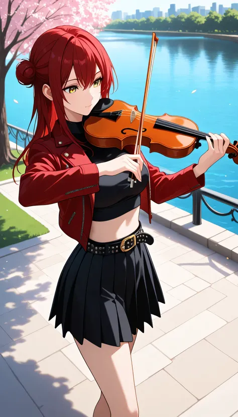 1girl , red hair , long hair , simple bun , side stripes , golden eyes , medium breasts ,
sexy, cute, handsome, , violin in hand, violin playing, rocking clothes, black crop top, red crop top jacket, rocking jacket, open jacket, black skirt, wide pleated s...