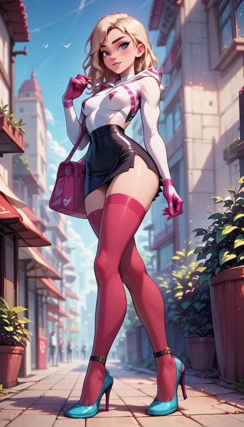 sexy gwen stacy wearing a sexy skirt and red stockings , high heels, highly detailed eyes