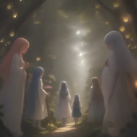 In this enchanting scene, the camera is situated among treetops, offering a low-angle perspective amidst a whimsical atmosphere, Moonlit forest glade, subtle mist swirling around ancient trees, illuminated by a soft, ethereal glow emanating from a crescent...